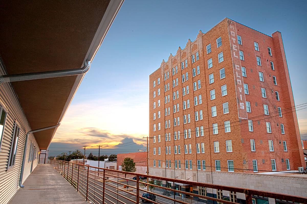 The Hotel Clovis tower in golden evening light
